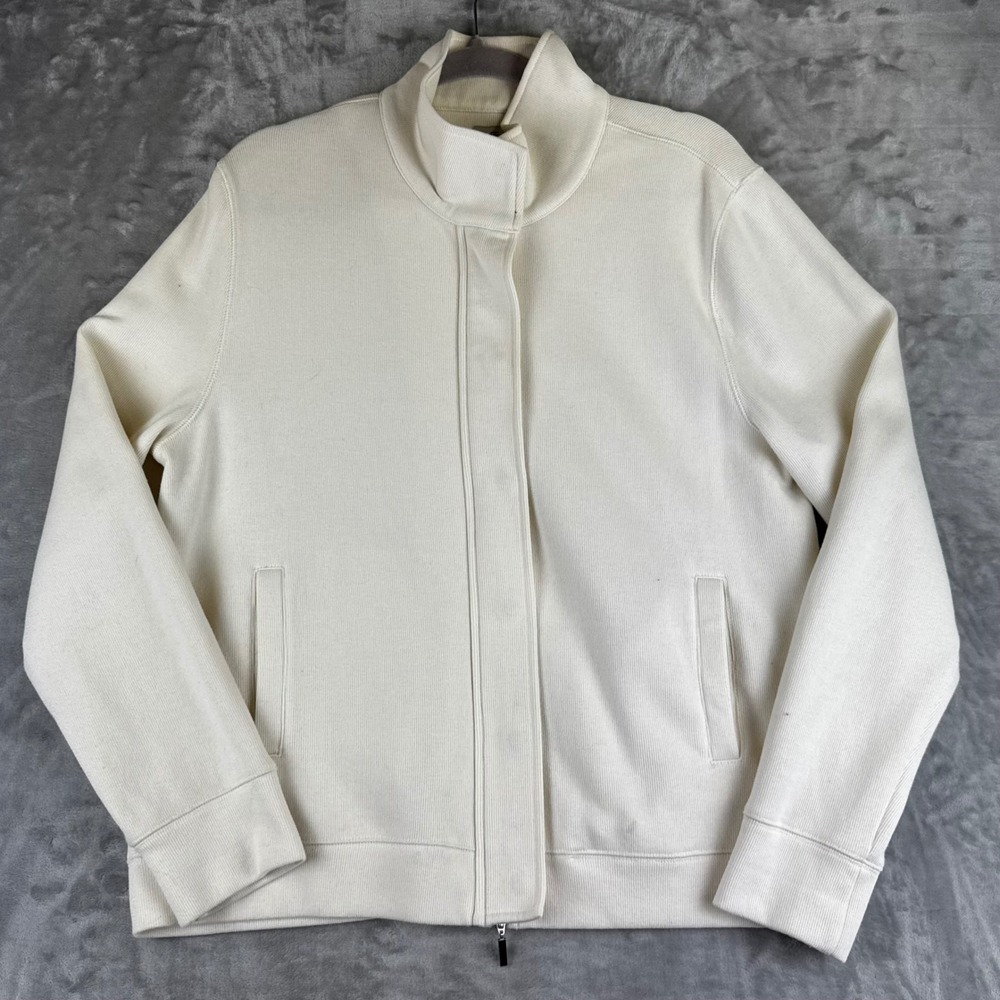 Façonnable Knit Jacket Womens XL Cream Full Zip Mock Neck Cotton  (1536)‎
